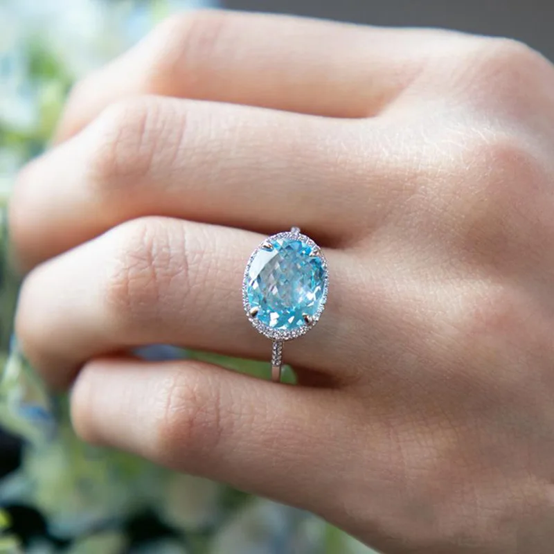

Trendy Big Stone Rings For Women Blue Zircon Stone Silver Color Female Jewelry Engagement Wedding Ring