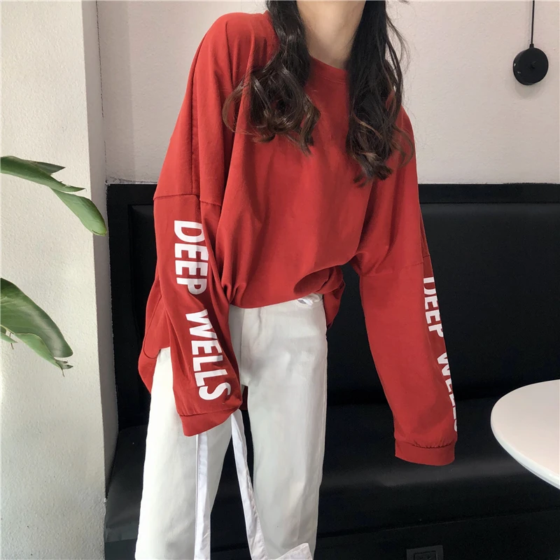 Letter Pattern [loose] Women's T-shirt Japanese Harajuku Style Long Long-sleeved Casual Large Size Spring 2019 Fashion Shirt