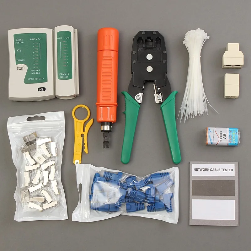 

RJ11 Cable Tester Pliers Network LAN Plug Wire Crimp CAT5 RJ45 Crystal Head Cable Cutter Analyzer Stripping Knife Tool Set Bag