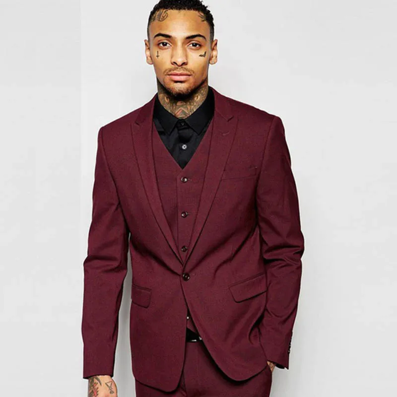 Elegant Wine Red Men Suits 3 pieces Gentlemen Style Mens Tuxedo Slim