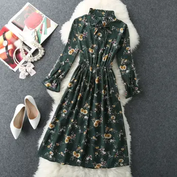 

women's chiffon floral printed dress 2018 street fashion vintage bowknot Collar dresses boho elastic waist beach A-line dress