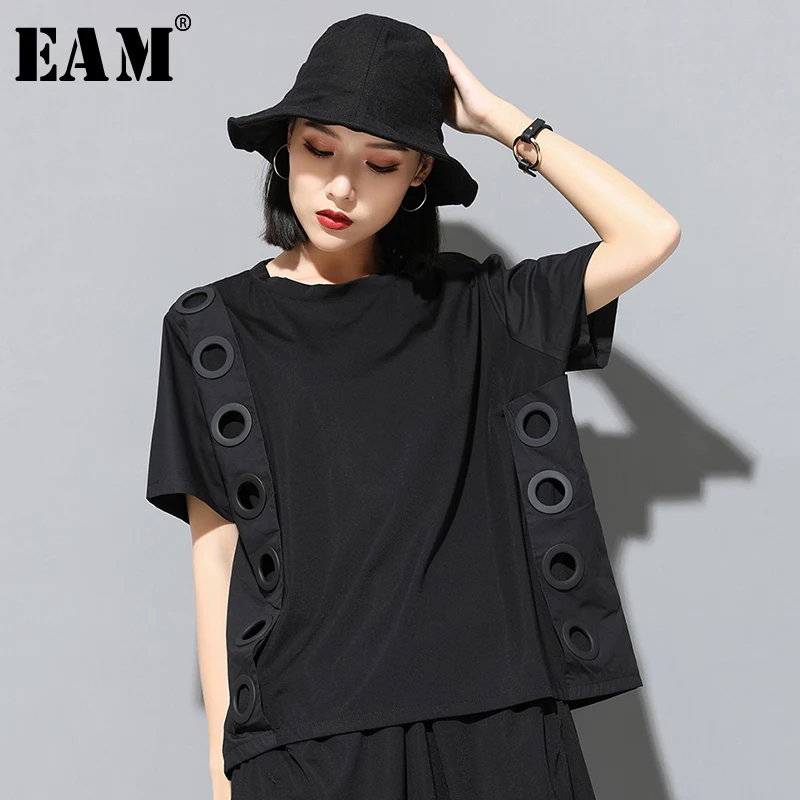 

[EAM] 2019 New Spring Summer Round Neck Short Sleeve Black Hollow Out Split Joint Big Size T-shirt Women Fashion Tide JW045