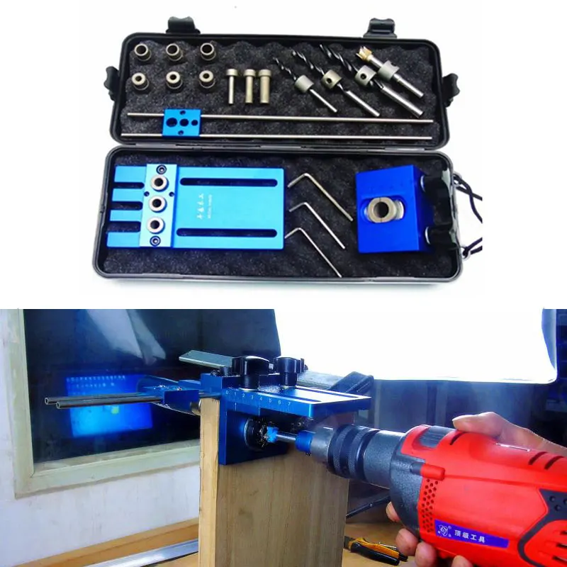 

Woodworking Tool DIY Woodworking Joinery Dowel Jigs Kit 3 in 1 Drilling Locator 08450A Drilling Guide Kit with Paper Box