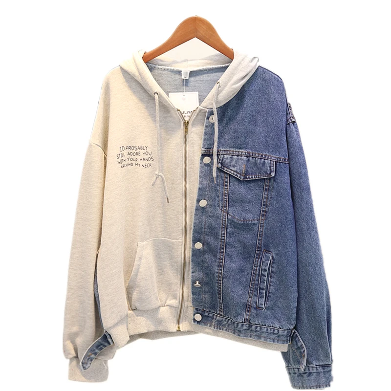Étudiant Denim Chandail Automne Courte Noir Manteaux Capuchon Couture Lettre Femmes Impression Femelle 2018 Veste bleu Lâche Nouvelle De À zwxZZqSfX
