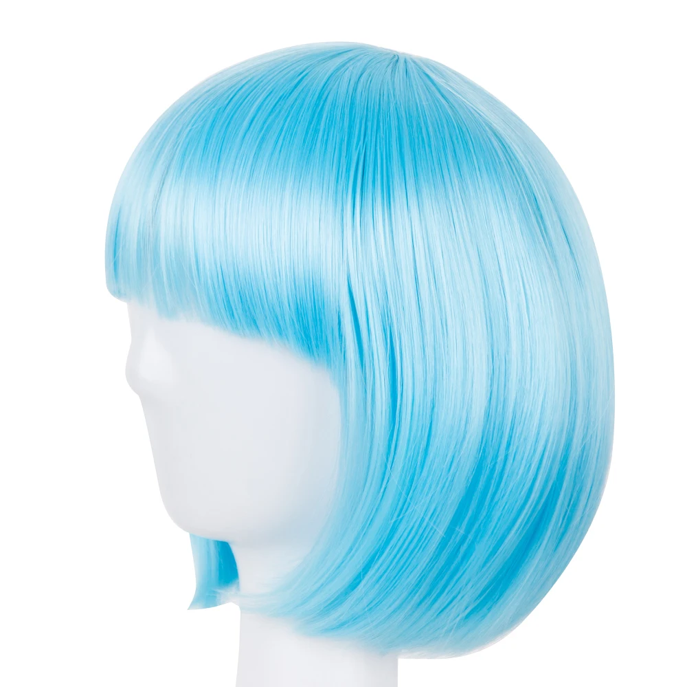 Synthetic Heat Resistant Short Wavy Blue Wig Costume Halloween Carnival Cosplay Hair Flat Bangs Women Hairpiece synthetic wig,halloween wig