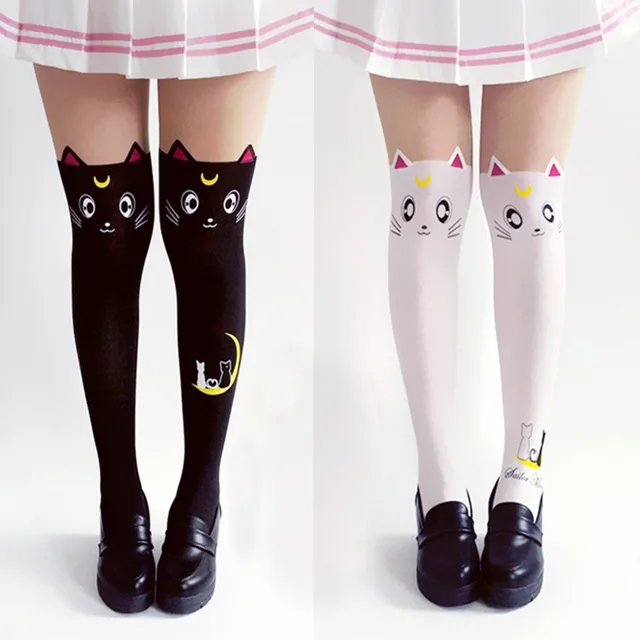 Hot Anime Sailor Moon Cosplay Costume Women Luna Cat Socks Pantyhose 