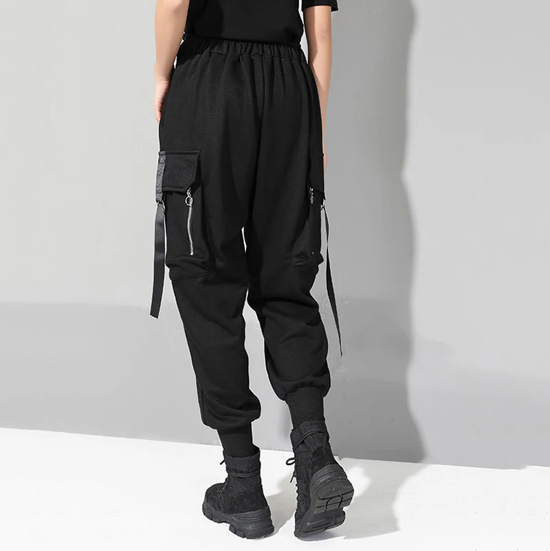 [EAM] 2020 New Autumn Winter High Elastic Waist Black Pocket Split Joint Ribbon Loose Harem Pants W