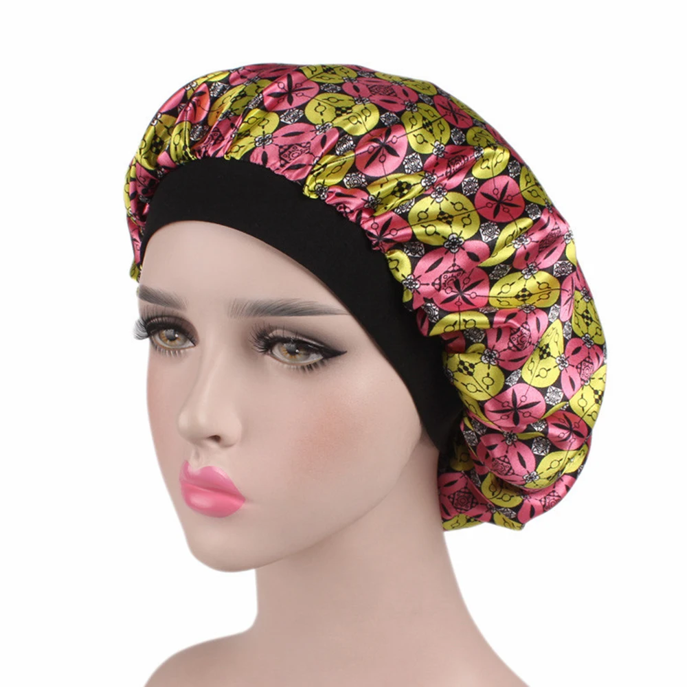 Satin Hair Bonnet Night Sleep Cap For Women Shower Caps Elastic Band Silk Head Cover Long Hair Care 58cm - Цвет: red yellow