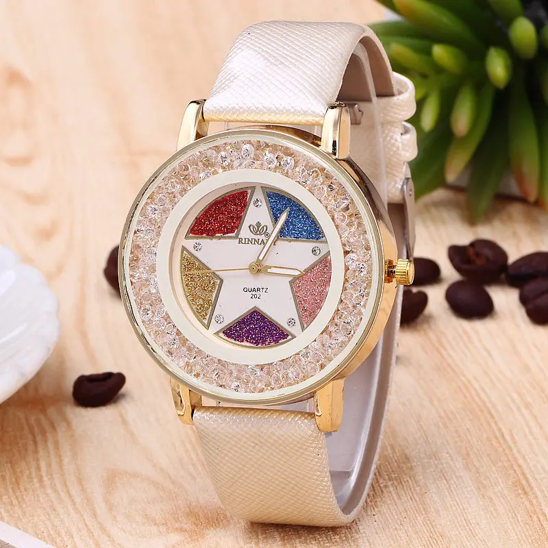 

Watch Women Colorful Five-Pointed Star Crystal Ball Big Dial Women Watches Shiny Beige Leather Ladies Watch Relogio Feminino