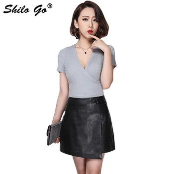 

Leather Skirts Womens Spring Fashion sheepskin genuine leather Skirts high waist round metal belt asymmetrical skirts