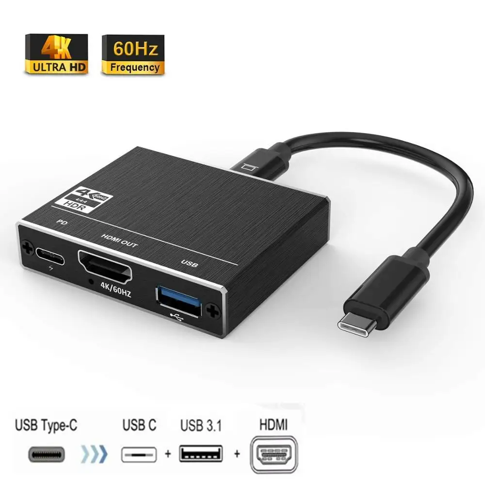 

3-IN-1 Thunderbolt 3 Type C To USB C USB 3.0 HUB Multiport Adapter HDMI 2.0 4K 60Hz USB 100W PD Charging Port For MacBook Pro