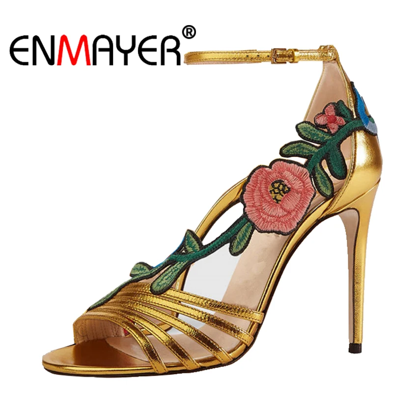 

ENMAYER Women shoes High heels Sandals Summer Fashion Flower Embroider Metal Open toe Buckle strap Woman shoes Thin heels CR41