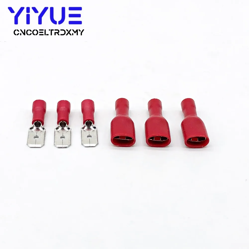 

100Pcs/50Pairs 6.3mm 22-16AWG Female Male Electrical Wiring Connector Insulated Crimp Terminal Spade Red FDD 1.25-250 MDD1.25-25