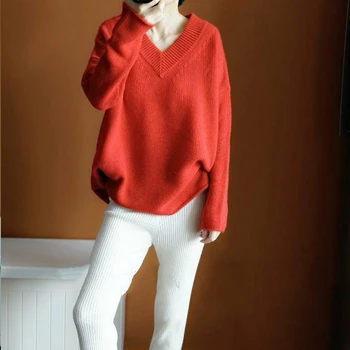 

19 Autumn and winter series V-neck cashmere sweater loose sweater women's head lazy knitted full sleeve bottoming sweater new