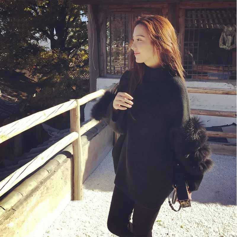 2017Fashion Women Fur Sweater Winter Truien Dames Fluffy Arm Fluff Sweater Tunic Turtleneck Pull Femme Manche Longue Outwea Sweaters