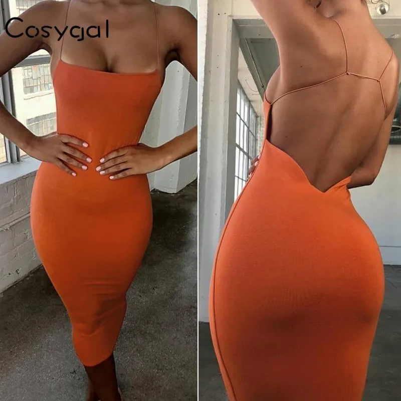 

COSYGAL 2019 Backless Spaghetti Strap Bodycon Dress Long Summer Dress Midi Sleeveless Party Dresses Night Club Dresses Women