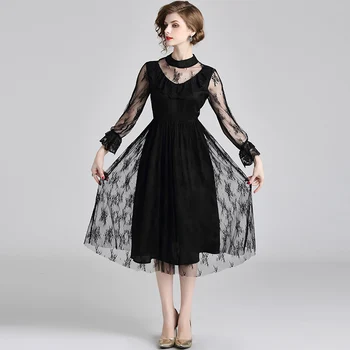 

European vintage fashion women black sexy dress new design flower lace made dresses vogue lady outfit vestido party clothes
