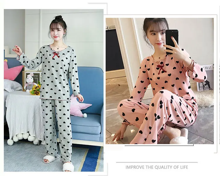 Spring Autumn Women Print Cartoon Love Long Sleeve Pajama Set Home Clothes