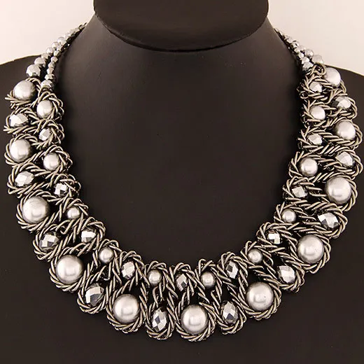 Модный женский нагрудник, ожерелье с большим искусственным жемчугом, Колье чокер с кристаллами, ожерелье для женщин, преувеличенное ожерелье, ювелирные изделия - Окраска металла: gun metal