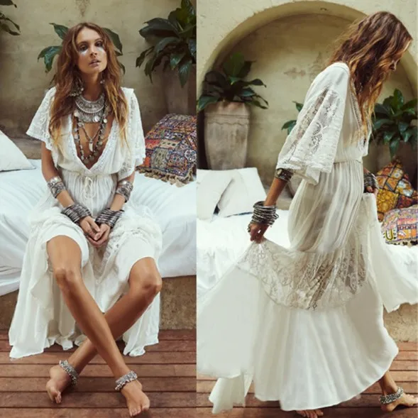 Женское длинное платье макси Saida De Praia Feminino белое кружевное в богемном стиле