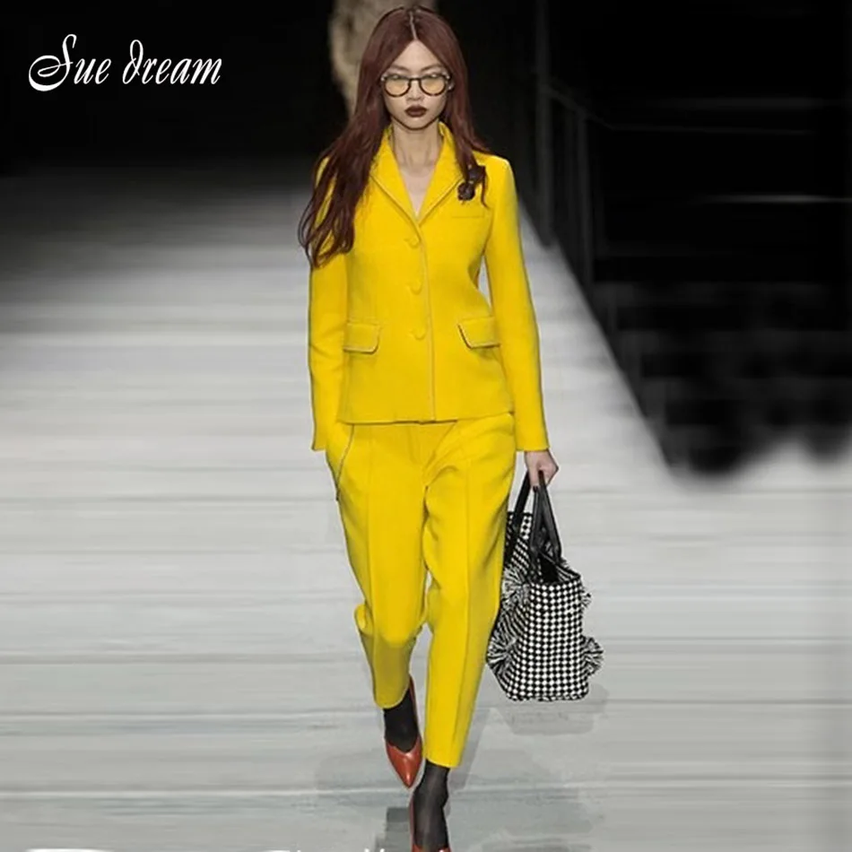Buy 2018 new women's 2 two yellow formal office suit V