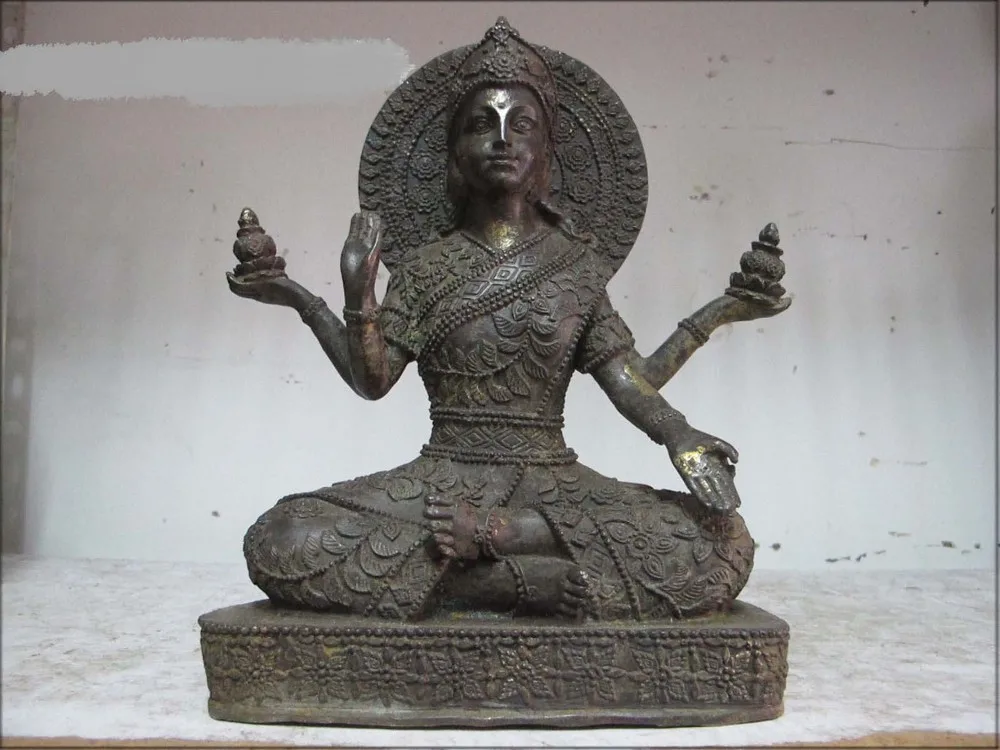 10&quot Indian Buddhism old bronze Vishnu seated Four armed Kwan yin Lakshmi | Дом и сад