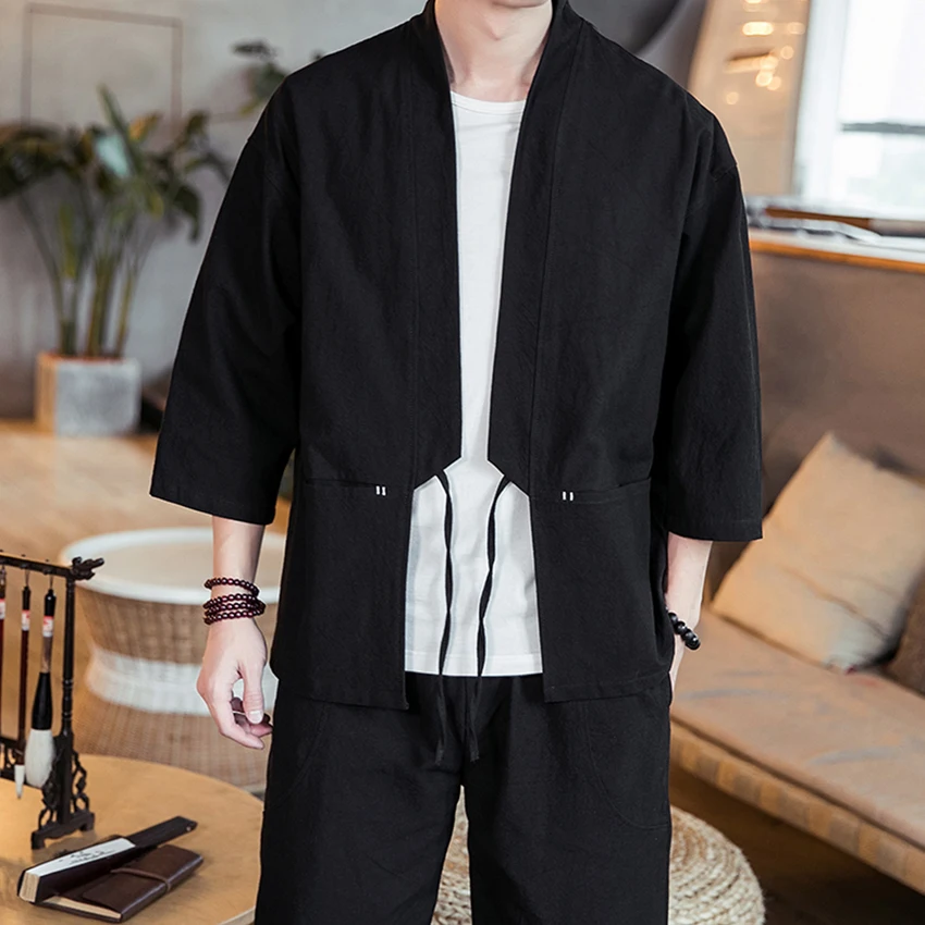 

Vintage Japanese Style Summer Kimono Haori for Men Cardigan Harajuku Solid Color Cotton Male Coat Jacket Chinese Tops