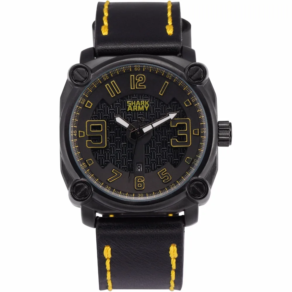 

SHARK ARMY Brand Date Yellow 3D Analog Electroplate Case Leather Band Sport Pulseira Masculina Quartz Military Men Watch /SAW226