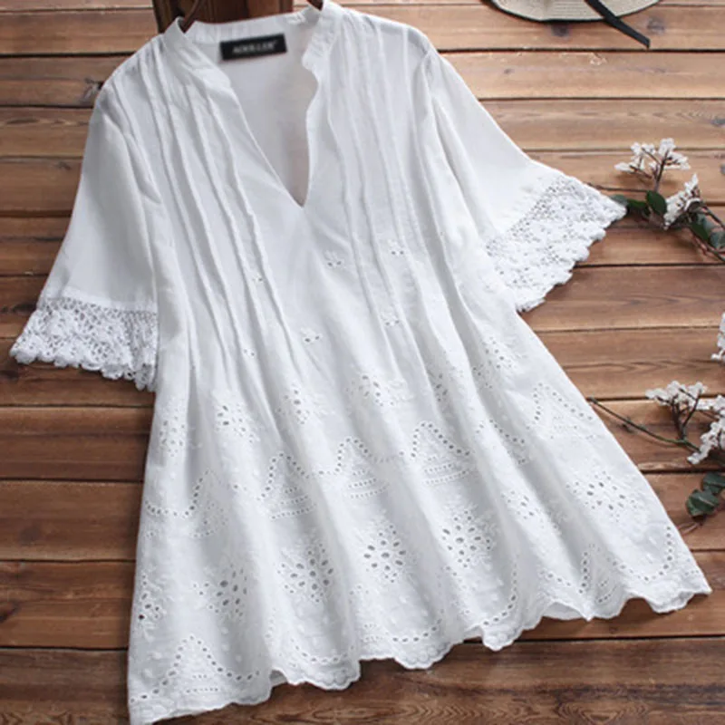

Summer Dress V Neck Mexican Embroidered Peasant Womens Dressy Tops Blouses