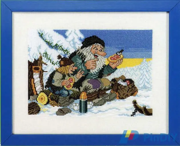 cs-2271 Cross Stitch Kit Elfin Elf Dwarf Old Man and Bird Feeding Winter Snow