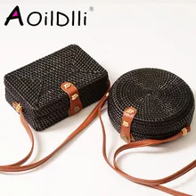 Новая модная круглая соломенная сумка, женская летняя сумка черного цвета из ротанга, ручная работа, тканая Пляжная сумка для женщин, сумка