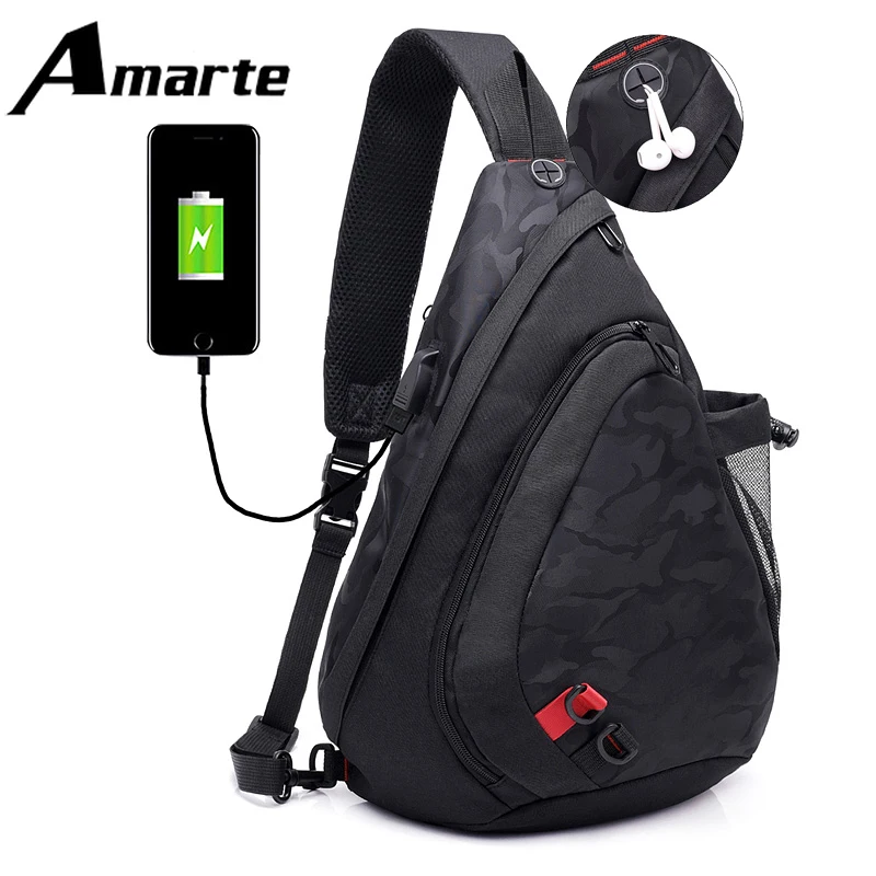 

Men Chest Bag Casual USB Charging Shoulder Crossbody Bag Large Capacity Camouflage Style Travel Business Light Messenger Bag
