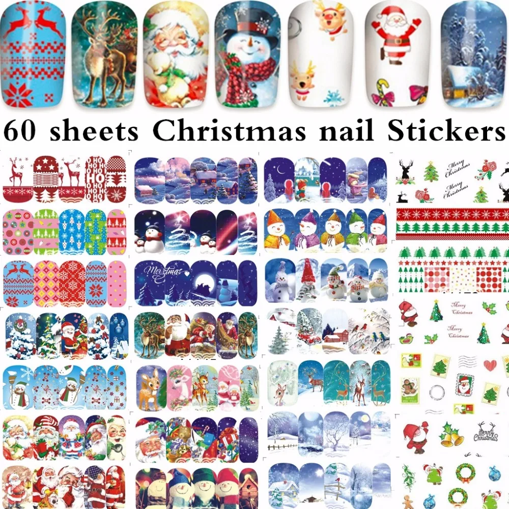 

60 sheets mixed designs Christmas water decal nail art nail sticker slider tattoo full Cover snowman Decals manicure supplies
