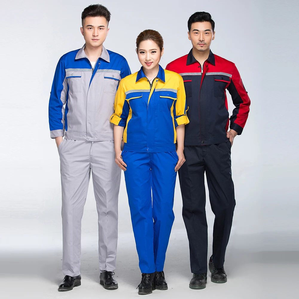  Unisex Men Long Adjustable Sleeve Patchwork Pockets Workshop Wear Thin Jacket Long Pants Set Engine
