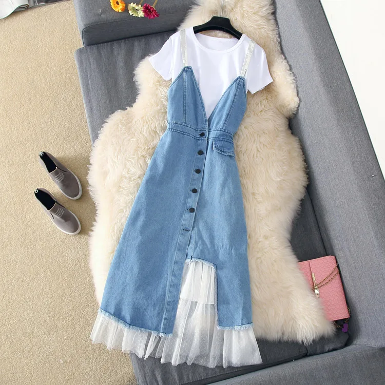 

2019 Summer Women Short Sleeve White T-shirts + Sequined Strap Denim Mesh Spliced Medium Long Dress Girls 2 Piece Sets