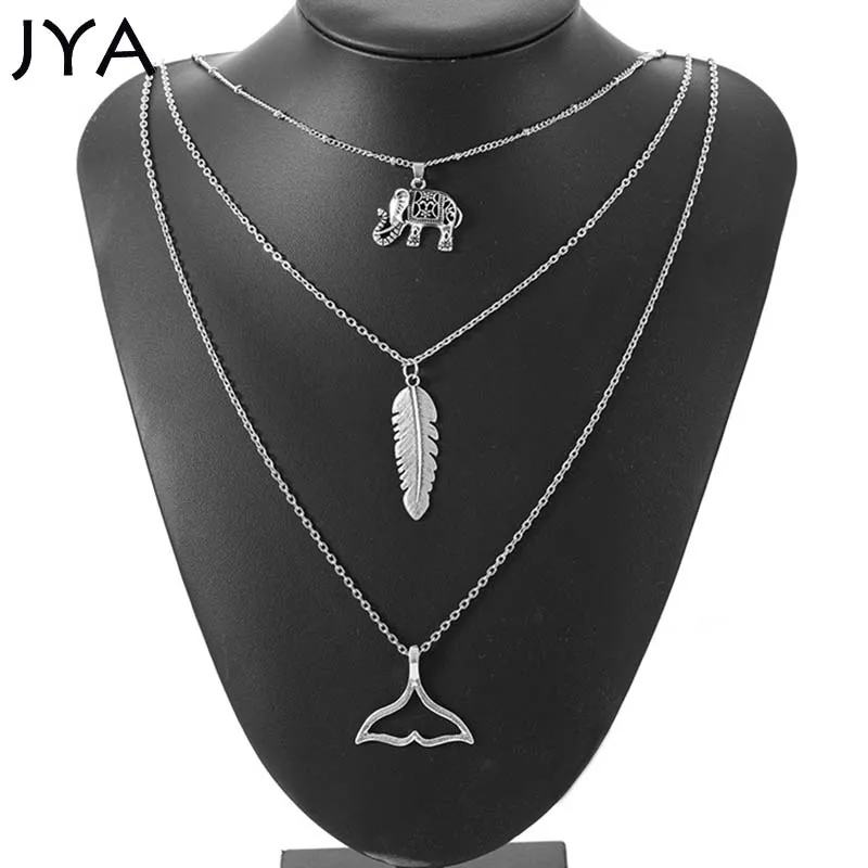 

JYA Lucky Women Necklaces with Dolphin/ Elephant/ Leaf Pendants Multi-layers Retro Silver Chain Retro Trendy Vintage Necklaces