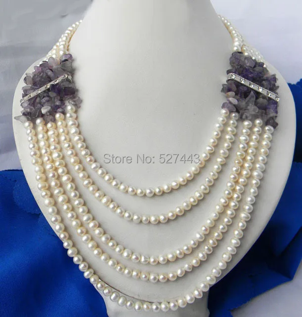 

Wholesale free p&p hot sale>>>5Strands 19'' 6mm White Round Freshwater Pearl Amethyst Necklace