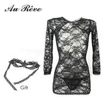 Women Sexy lingerie hot Transparent Sex Dress Babydoll Full Lace Long sleeve Erotic Costumes Underwear With Eye Mask GIft