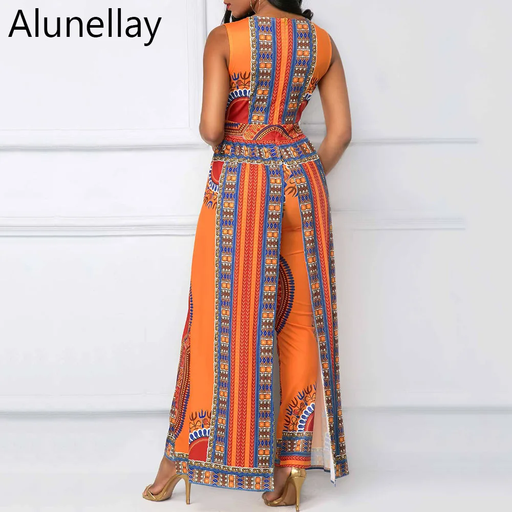 Alunellay African Design Bazin Summer Elegant Rompers Womens Jumpsuits Sleeveless Deep V Neck Long Dashiki Overalls Plus Size