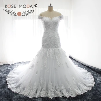 

Rose Moda Off Shoulder Mermaid Wedding Dress for Black Girls Lace Wedding Dresses Plus Size 2019