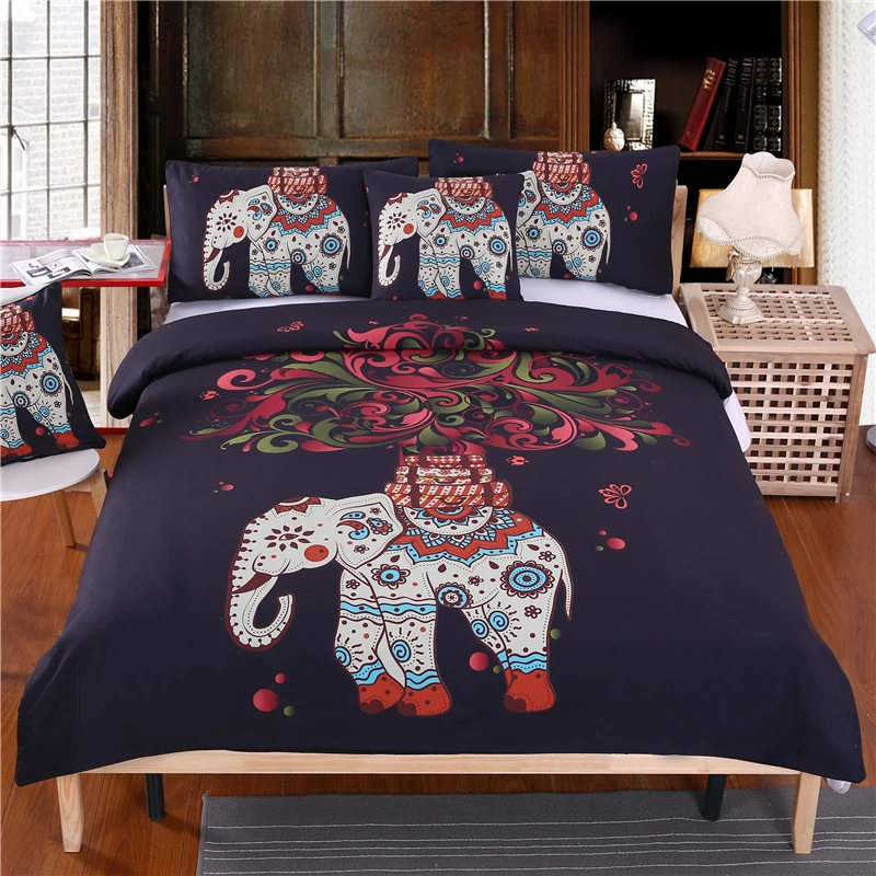 

4 Pieces Bohemian Bedding Set Elephant Tree Black Printed Boho Duvet Cover Set Soft Bedspread Twin Full Queen King