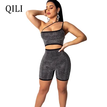 

QILI Diamonds Rhinestone Jumpsuit Women Rompers One Shoulder Spaghetti Strap Sleeveless Hollow Out Zipper Romper Flash Rompers