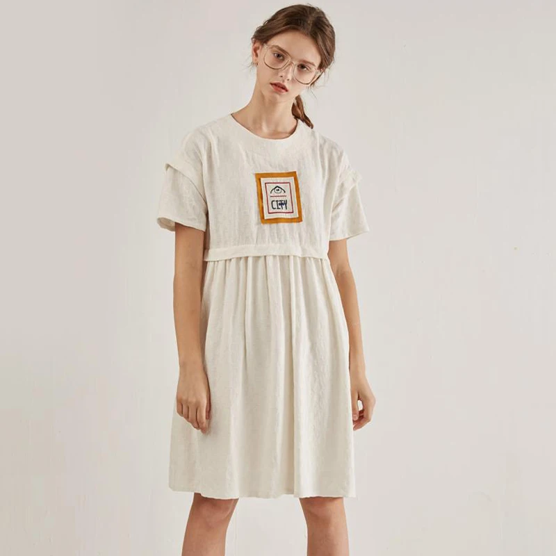 

Summer New Women Short Sleeve Dresses Cotton Linen Crew Collar White Loose Dress For Female City Patchwork Design Knee-length