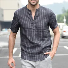 Мужская рубашка с длинным рукавом, весна и лето, мешковатые хлопковые рубашки, льняные, в полоску, с коротким рукавом, ретро Рубашки, Топы, блузки# P40