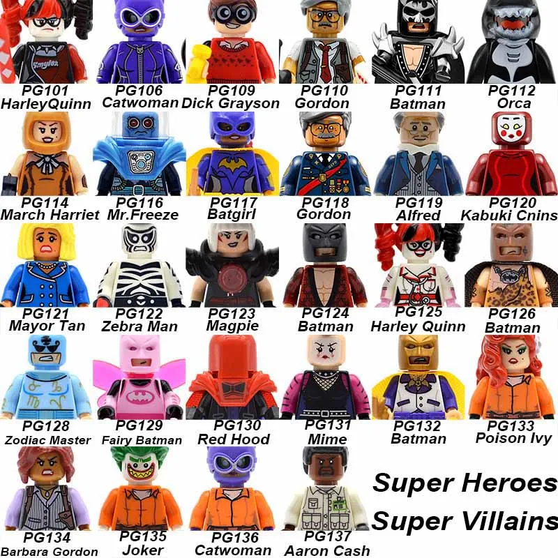 

20pcs/lot Mime Catwoman Harley Quinn Penguin Riddler Barbara Gordon Batman Super Heroes Building Blocks Bricks Kids Toys PG101