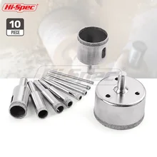Hi-Spec 10pc 3-50mm Diamond Coated Drill Bit Set Tile Marble Glass Ceramic Hole Saw Drilling Bits For Power Tools TT004