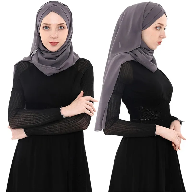 Женский шифоновый мусульманский шарф Рамадан мягкий однотонный хиджаб шали головной платок легко готов носить мусульманская накидка платок - Цвет: gray