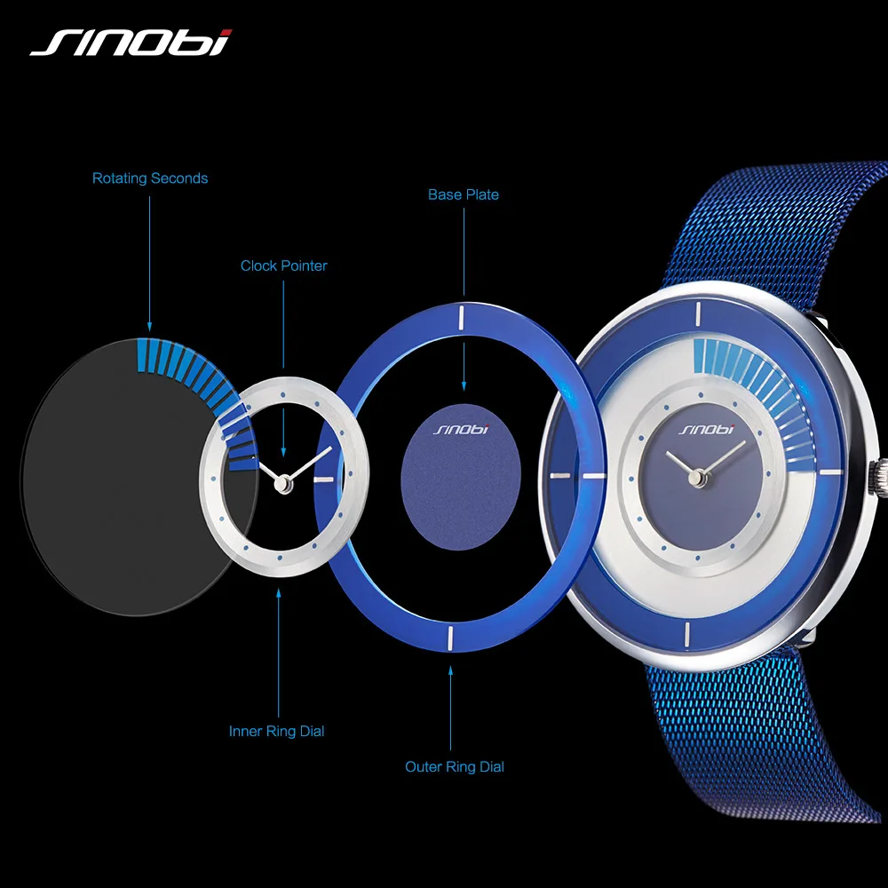 

SINOBI Mens Watches Top Brand Luxury 6.8MM Ultra-thin Creative Watch Spinner Mesh Strap Quartz Watches 2017 Fashion Clock Men