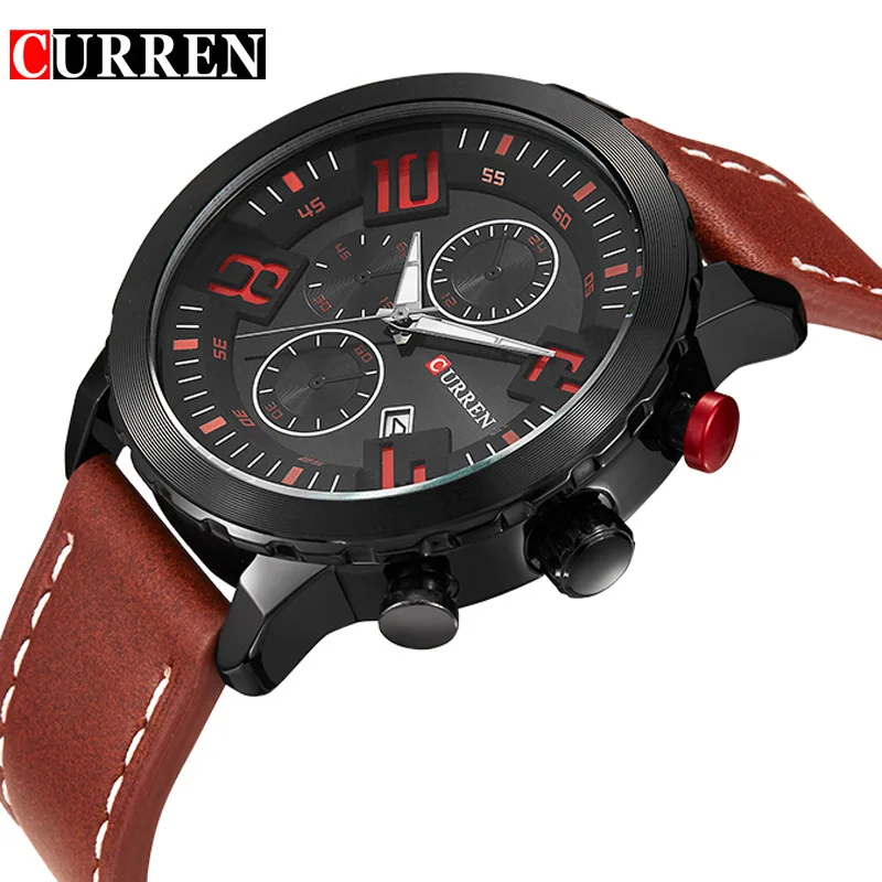 

CURREN Clock Male 3D Red Number 3 Dial Design Black Case Brown Genuine Leather Strap Men Quartz Watches Relogio Heren Waterproof