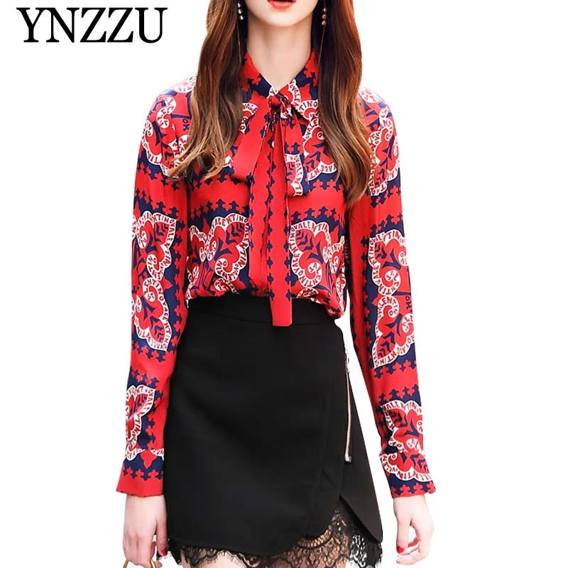 

YNZZU 2019 Spring Elegant Tie Neck Bow Blouse Women Red Print Long Sleeve Loose Women Blouses Summer Ladies Tops Blusa YT537